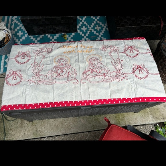 Antique Handstitched Hungarian Religious Table Runner.  1900c. 63”x24” In Size. - Picture 8 of 10